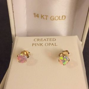14K Solid Yellow Gold Pink Opal Earrings